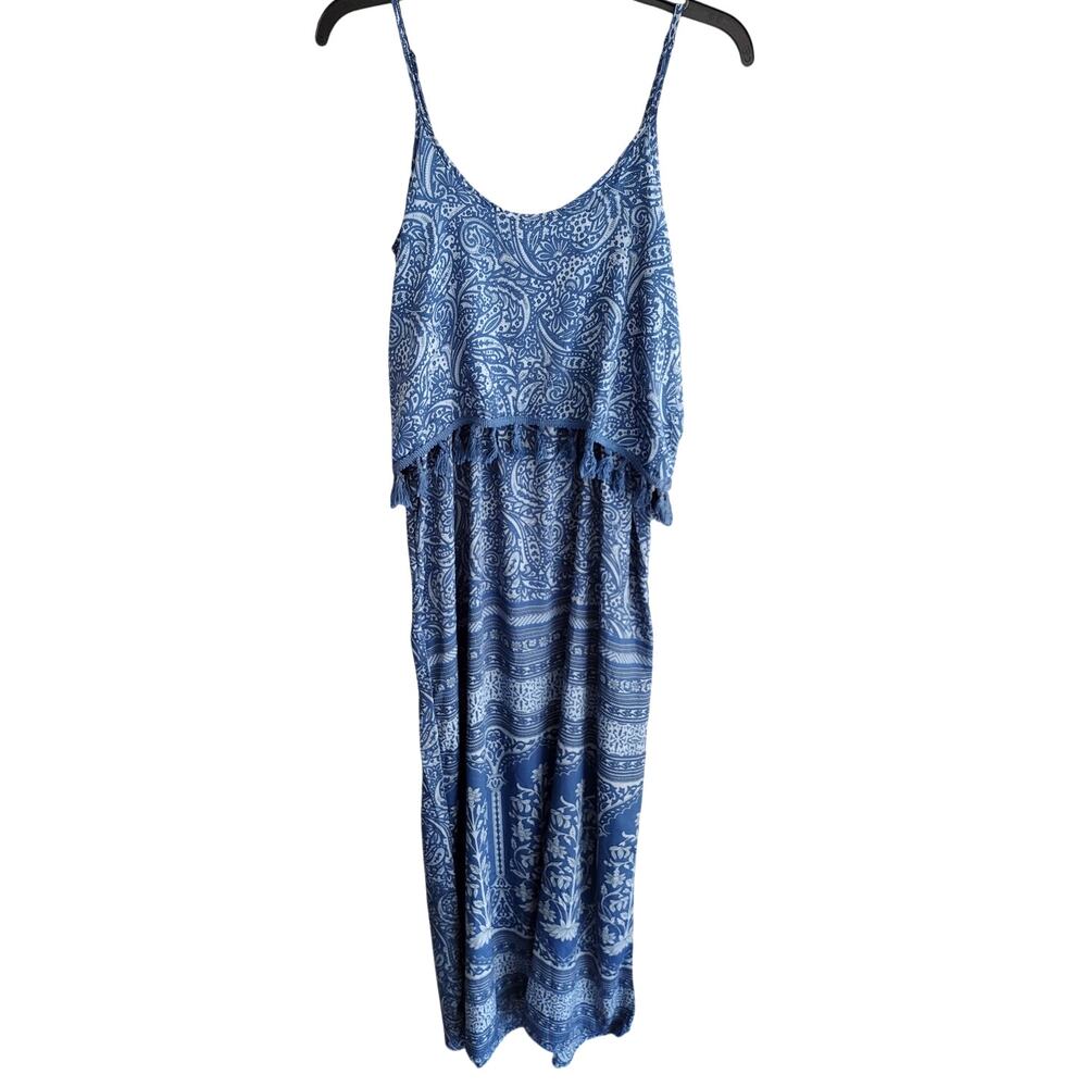 Earthbound Trading Co NEW Blue Paisley Floral Layered Top Maxi Sun Dress Small